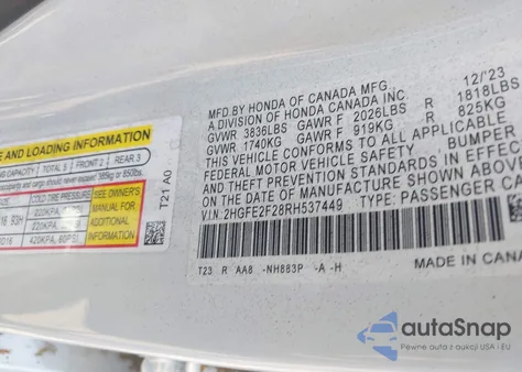 2024 Honda Civic Lx из США, поврежденный, VIN 2HGFE2F28RH537449